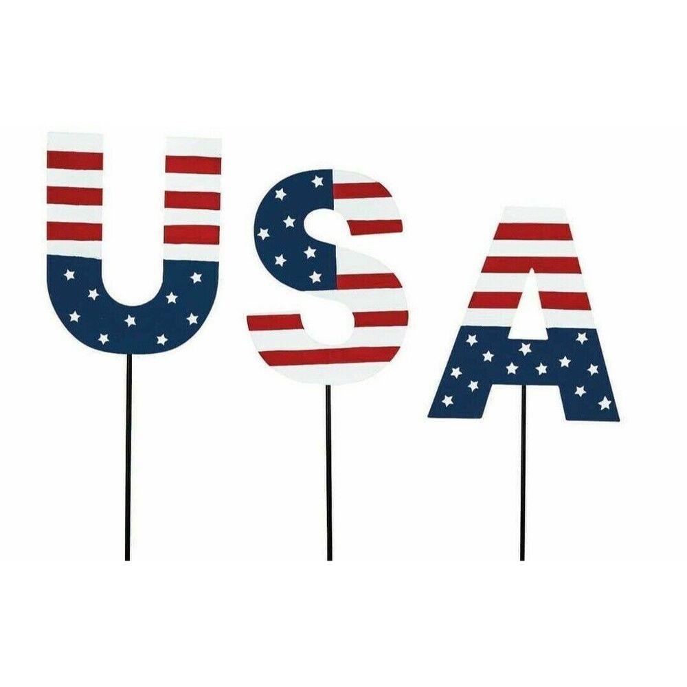 Patriotic USA Garden Yard Stakes Metal Weatherproof Red White Blue 3pc Gift NEW